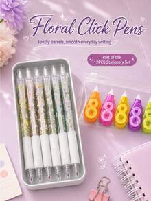 12pcs Retractable Black Pens With Candy Color Correction Tape, 0.5mm Quick-Drying Black Ink, Exquisite Floral Design, Smooth Writing For Notebooks And Office Supplies, Back To School Stationery Pen Set School Supplies - A - View 6