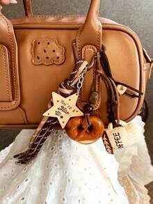 Cute Salted Pretzel Coffee Cup Keychain, Bag Decoration, Wooden Star Pendant Bag Charm, Bag Accessory, Aesthetic Braided Rope Key Accessory, Suitable For Backpacks And Handbags - Multicolor - View 1