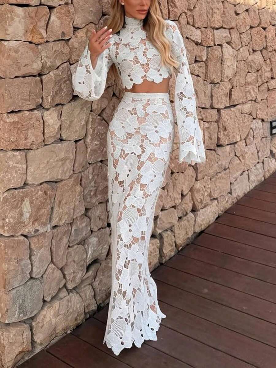 Chic High Neck White Lace Two Pieces For Women Elegant & Sexy Semi-Sheer Party Wear In Medium Stretch Fabric - White - View 1