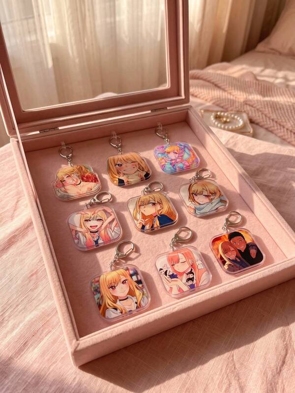 1 pieza/9 piezas Llavero acrílico kawaii, Llavero acrílico de muñeca de anime enamorada, Colgante de personaje de dibujos animados lindo, Accesorio para bolso, Encanto para mochila de regalo, Anillo para llaves de coche, Accesorio de moda para niñas