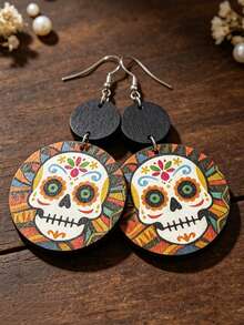 1 Pair Mexican Day Of The Dead Colorful Skull Wooden Earrings, Double Layer Round Disc Vintage Halloween Earrings - Multicolor - View 6