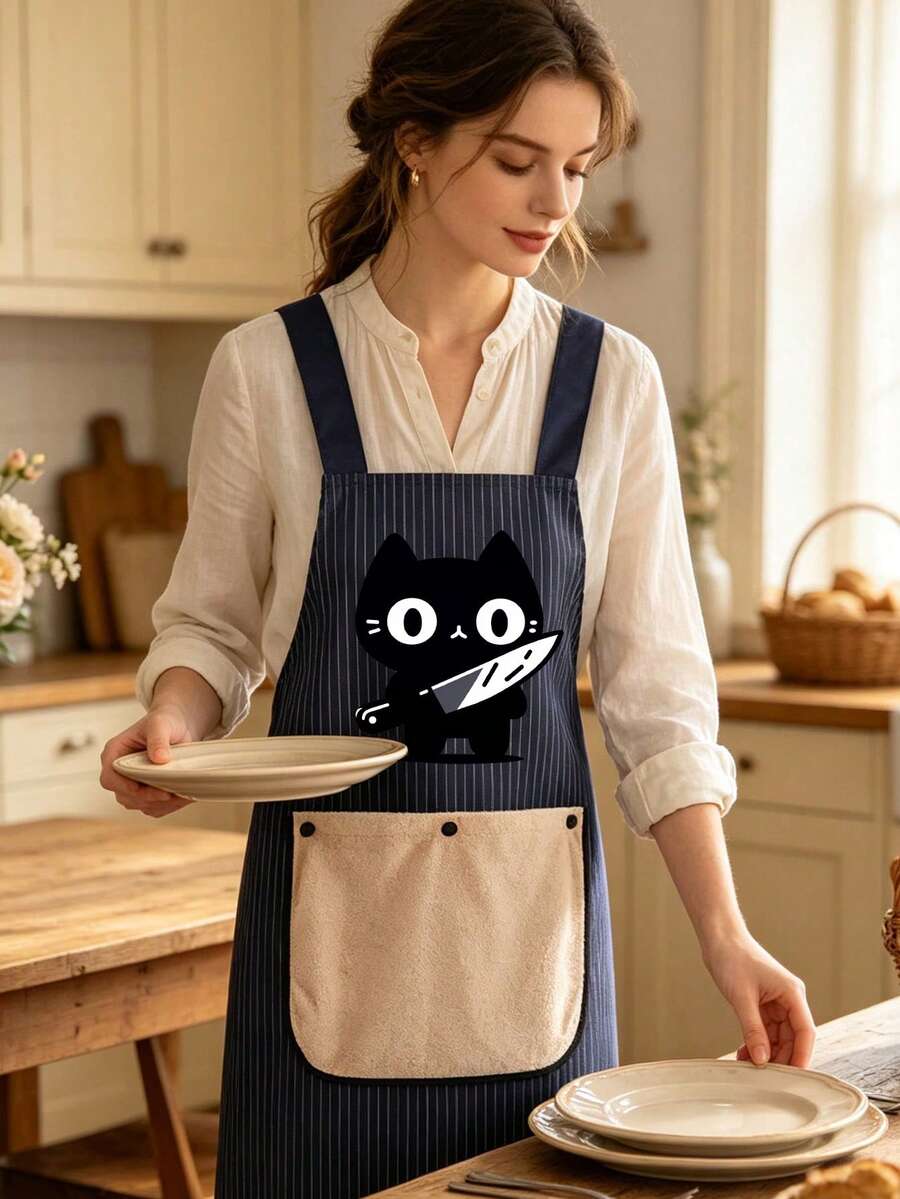 Cute Cat Striped Apron, Easy To Wear, With Detachable Towel, Black Cat Holding Knife Pattern, Dual Pockets, Durable And Easy To Clean, Suitable For Baking, Cooking, Home And Restaurant Use, Holiday Gift, Essential Apron For Chefs