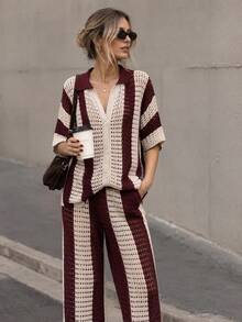 Women's Vintage Colorblock Vertical Striped Hollow Knit Set, Vacation Style Polo Collar Cardigan And Wide Leg Pants 2 Pieces Set - Multicolor - View 1