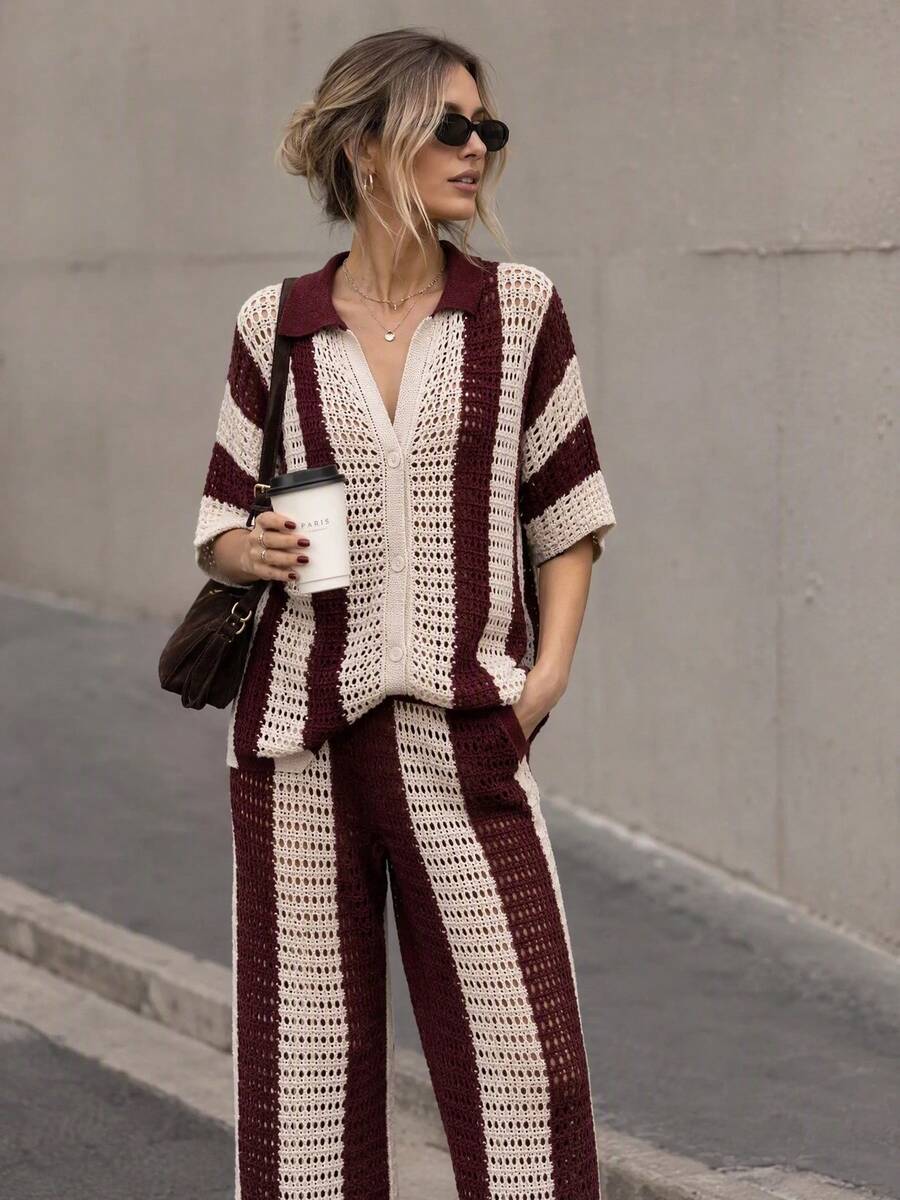 Women's Vintage Colorblock Vertical Striped Hollow Knit Set, Vacation Style Polo Collar Cardigan And Wide Leg Pants 2 Pieces Set - Multicolor - View 1
