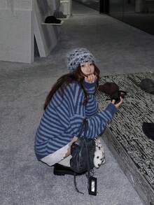 Women's Autumn/Winter New Loose Striped Preppy Style Pullover Polo Knit Sweater - Blue - View 3