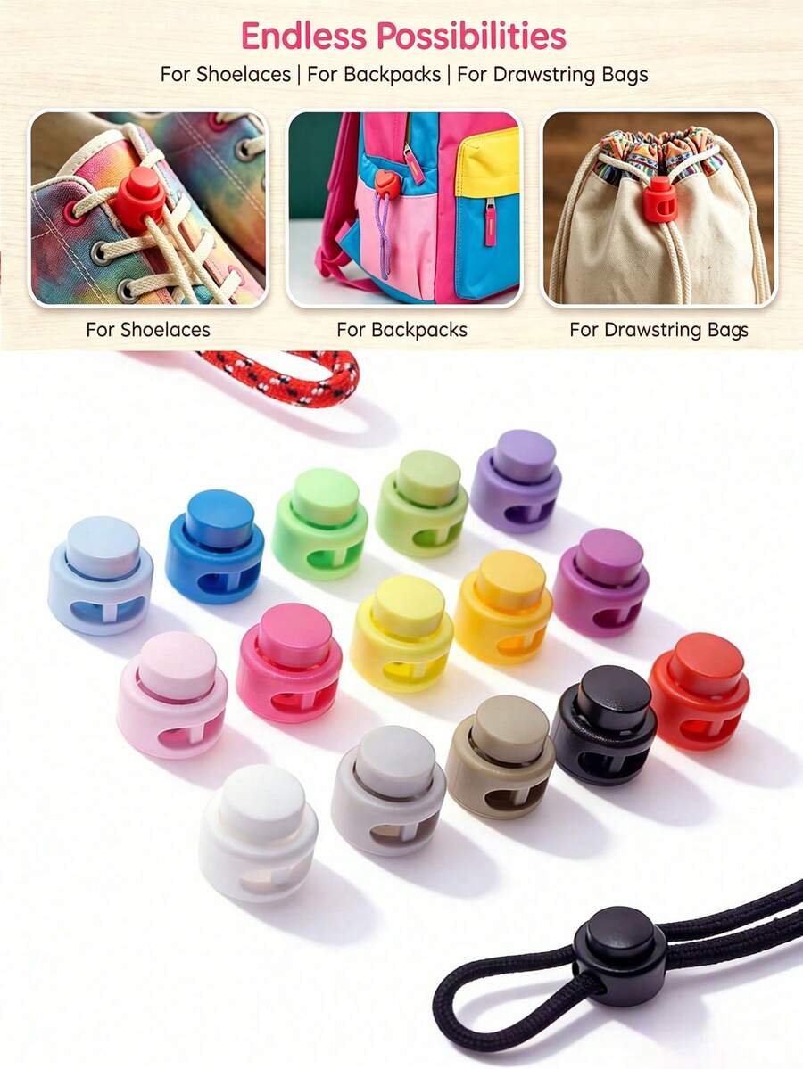 10/50/100pcs Colorful Dual-Hole Spring Buckle Non-Slip Nylon Fasteners, Suitable For Luggage, Shoelace Adjustment, Jacket Elastic Cord Buckle, Clothing Buttons, Multiple Colors, Multiple Materials