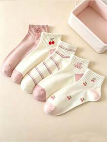1/5 Pairs Women's Cherry Pink Short Socks, Cute Sweet Breathable Low-Cut Socks, Versatile For Daily Wear, Suitable For All Seasons - Multicolor - View 4