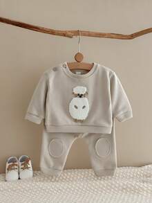 2Pcs/Set Baby Boys Cartoon Lamb Flocked Top & Pants Set, Comfortable 2 Pieces Outfit For Spring And Autumn - Apricot - View 3