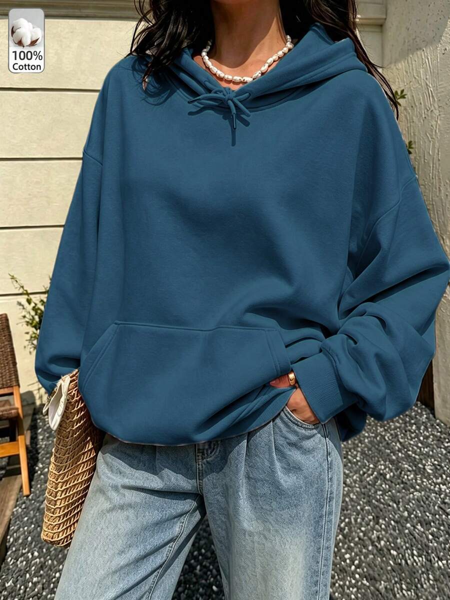 Women's Casual Blue Knitted Hoodie, Long Sleeve Pullover With Pockets, Autumn/Winter Streetwear Style - Peacock Blue - View 1