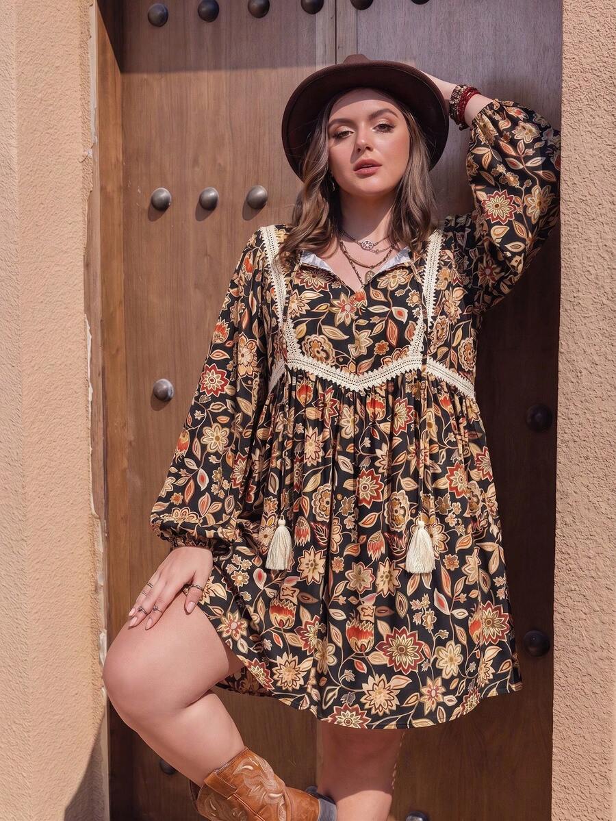 Rusttydustty Women's Plus Size Printed Lace Patchwork Long Sleeve Loose Bohemian Vacation Style Dress, Suitable For Autumn/Winter Elegant - Black - View 1