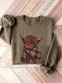 Autumn/Winter Essential: Cute Highland Cow Plaid Knit Scarf, Casual & Warm, With Adorable Animal Pattern, Elevate Your Seasonal Look - Earth Gray - View 6