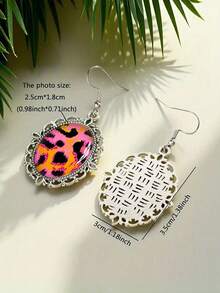 Y2K Pink & Orange Leopard Print Pendant Earrings, Vintage Lace Oval Frame Animal Print Teardrop Earrings, Eye-Catching Party Jewelry For Women - Silver - View 2