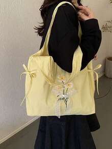 Korean Style Large Capacity Canvas Tote Bag For Women, Foldable Campus Bag, Suitable For College Students Commuting And Travel, Drawstring Cloud Design Shoulder Student Bag - Yellow - View 2