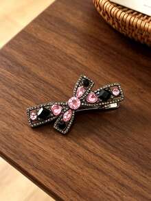 1pc Pink & Black Contrast Heart Rhinestone Bow Hair Clip, Luxury Shiny Women's Party Banquet Daily Styling Side Hair Accessory - Multicolor - View 4