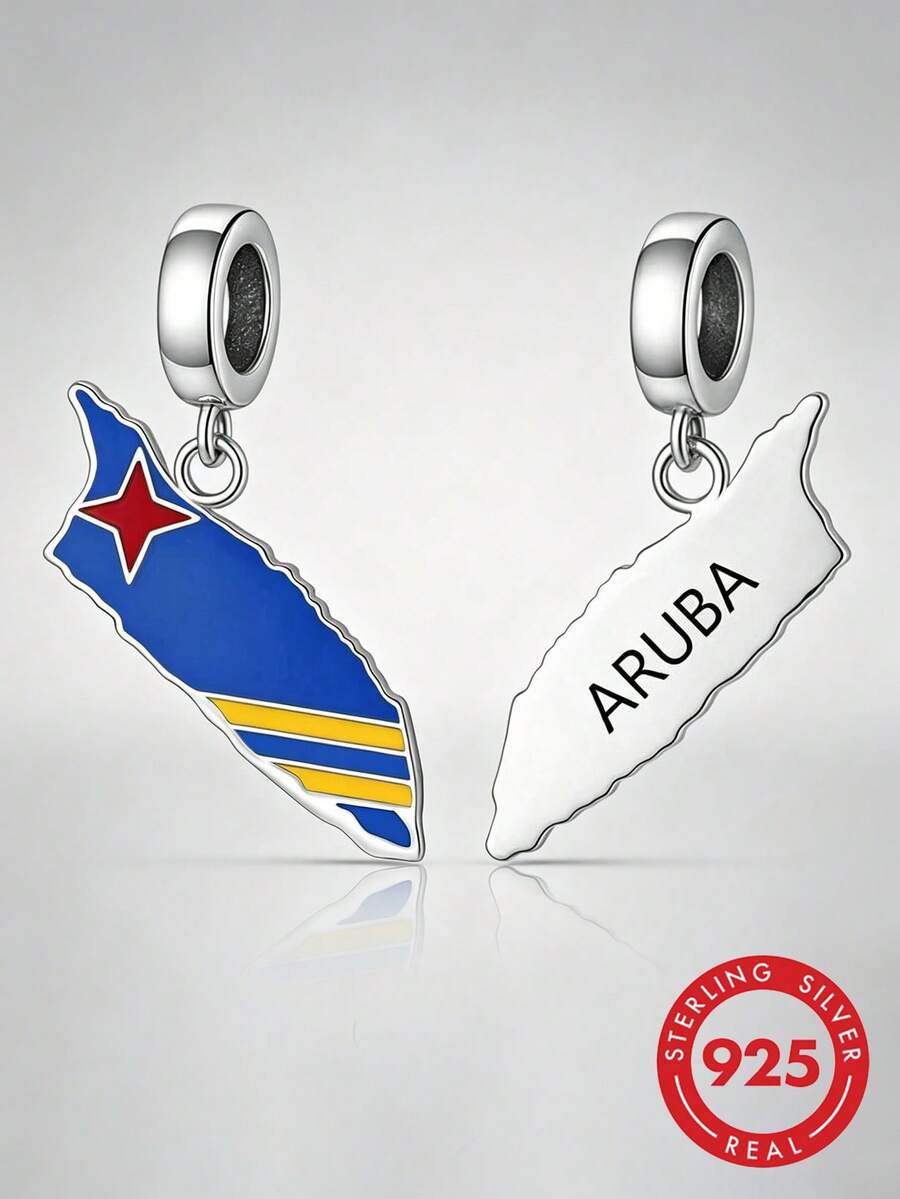 一套925纯银阿鲁巴岛吊坠，包含珐琅阿鲁巴岛旗帜和刻有“ARUBA”字样的珠子，适合搭配手链，低过敏性旅行饰品，是送给阿鲁巴岛爱好者的绝佳礼物。 - 銀色 - 查看 1