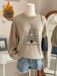 Women's Vintage Christmas Tree Print Long-Sleeve Crew-Neck Sweater With Leopard Print Trim – Christmas Winter Top - Earth Gray - View 4