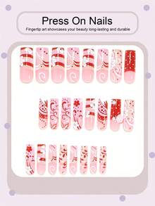 24pcs Extra Long Square Press-On Nails Y2K Sweet & Spicy Girl Style Retro Red & Pink Contrast Floral Lively Playful Polka Dot Soft 3D Embossed Exquisite Flower Smooth Line Design French Contrast Stripe Full Coverage Nail Stickers Suitable For Women And Girls Dating Shopping Party And More Gift 1pc Jelly Glue And 1pc Mini Nail File Jelly Glue Randomly Sent - Multicolor - View 3