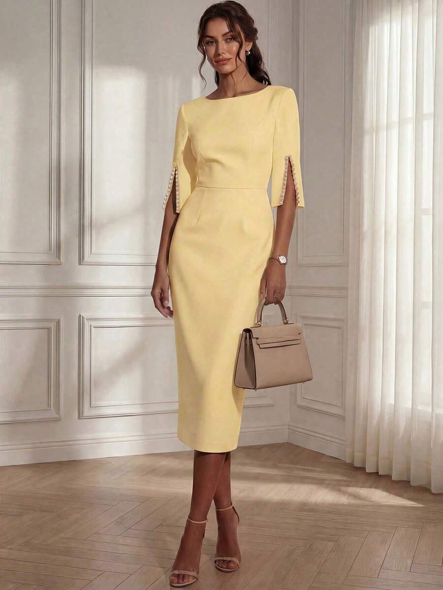 Solid Color Casual Elegant Retro French Style Waist Slimming Office Daily Date Commute Faux Pearl Decor Round Neck Dress, White Summer Yellow - Yellow - View 1