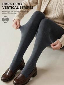 1 Pair Women's Dark Gray Vertical Striped Tights, High Elasticity Slimming Leggings, Suitable For Commuting And Daily Wear In Autumn/Winter - Dark Grey - View 1