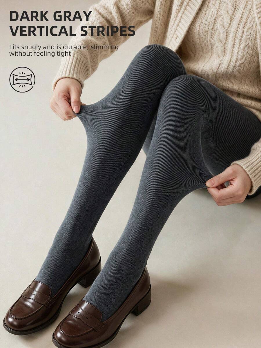 1 Pair Women's Dark Gray Vertical Striped Tights, High Elasticity Slimming Leggings, Suitable For Commuting And Daily Wear In Autumn/Winter - Dark Grey - View 1