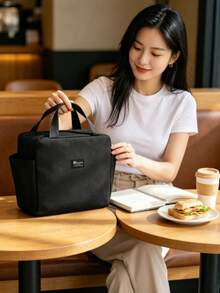 1pc Large Capacity Portable Insulated Lunch Bag, Waterproof Aluminum Foil Handbag, Polyester Material, Rectangular Design, Suitable For Travel And Commuting - Black, Back To School Season - Multicolor - View 3