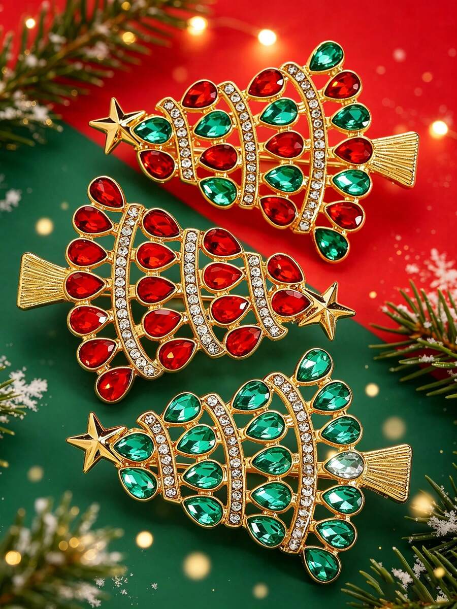 1pc Colorful Rhinestone Christmas Tree Brooch, Simple Fashion Casual Versatile Holiday Atmosphere Accessory, Suit & Dress Accessory, Suitable For Men & Women Daily Wear, Christmas Party, Christmas Gift
