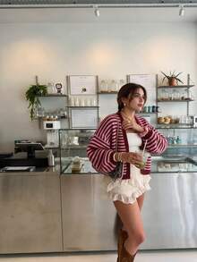 SEREN 新款秋冬條紋長袖無鈕扣女款針織開襟衫，寬鬆休閒 Y2K 上衣，女款毛衣外套，適合日常穿著 - 早紅 - 查看 6