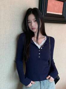 Autumn New Korean Style Slim Fit Button Knit Sweater, Versatile Long Sleeve Base Layer Top Vacation Fall - Navy Blue - View 3