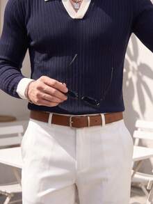 ALTZTAR Men's Turn-Down Collar Ribbed Long Sleeve Knit Sweater - Navy Blue - View 5