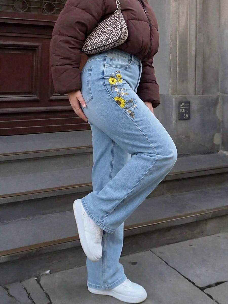 HAPPY GIRL#Spring/Autumn Fashion Casual Holiday School Vacation Daily Travel Women's Embroidered Comfortable Commute Outing Denim Jeans - Blue - View 1