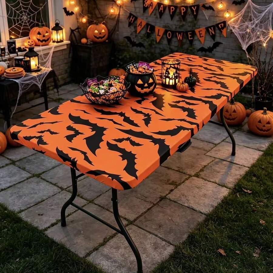 Halloween Orange Bat Print Elastic Tablecloth, Suitable For 4ft/6ft Party Decoration; Rectangular Folding Table Elastic Spandex Tablecloth, Combines Tabletop Protection Function, Suitable For Indoor And Outdoor Holiday Party Decoration, Reusable. - View 1