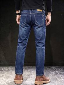 Celana Jeans Denim Slim Fit Pria dengan Detail Garis-Garis Tipis yang Terlihat, Bahan Elastis yang Nyaman, Tidak Ketat, Celana Jeans Kasual Serbaguna untuk Pakaian Kerja. - Biru - View 7