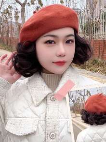 1pc Women's One-Piece Hat Wig Beret, Fashion Style, Suitable For Spring/Autumn/Winter, Brown-Black Short Curly Hair - Multicolor - View 1