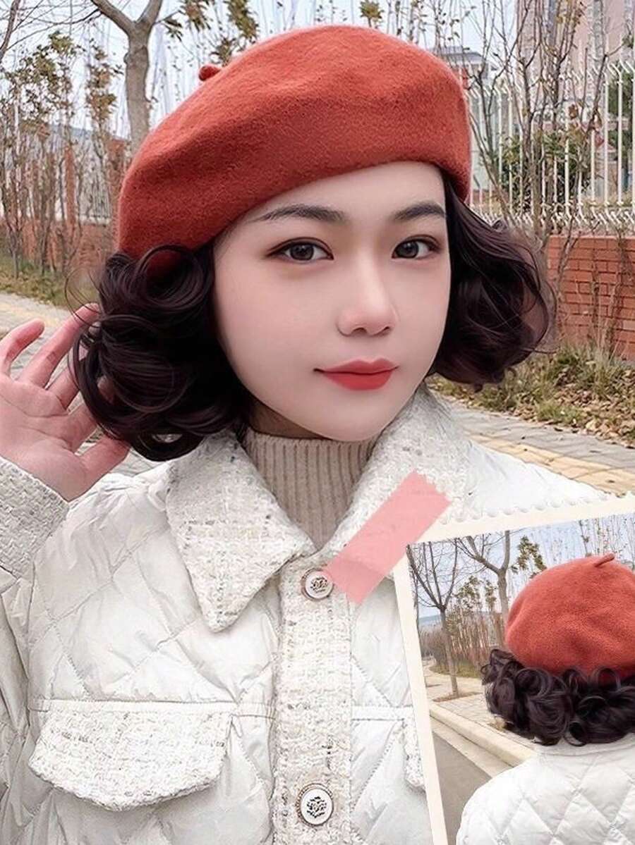 1pc Women's One-Piece Hat Wig Beret, Fashion Style, Suitable For Spring/Autumn/Winter, Brown-Black Short Curly Hair - Multicolor - View 1