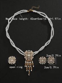 4pcs/Set,Gold Faux Pearl Necklace , Stud Earrings, Ring Jewelry Set, Tassel Crystal Rhinestone Pendant For Wedding Party Prom, Bridal Accessories - Gold - View 5