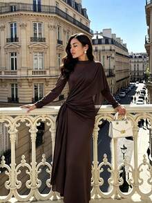 Women's Romantic Elegant Fashion Cape Design Chiffon Asymmetrical Knit Ruched Design For Date Party Vintage Back Water Drop Button Autumn/Winter - Brown - View 4