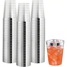 10pcs Silver Cups, 6.76oz Clear Cups With Silver Trim, Silver Beer Cups, Hard Cups For Party, Premium Silver Rimmed Cups, Perfect For Weddings And Parties - Silver - View 1