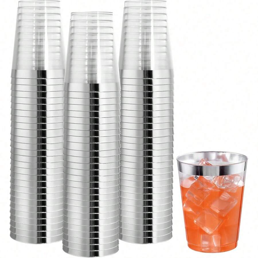 10pcs Silver Cups, 6.76oz Clear Cups With Silver Trim, Silver Beer Cups, Hard Cups For Party, Premium Silver Rimmed Cups, Perfect For Weddings And Parties - Silver - View 1