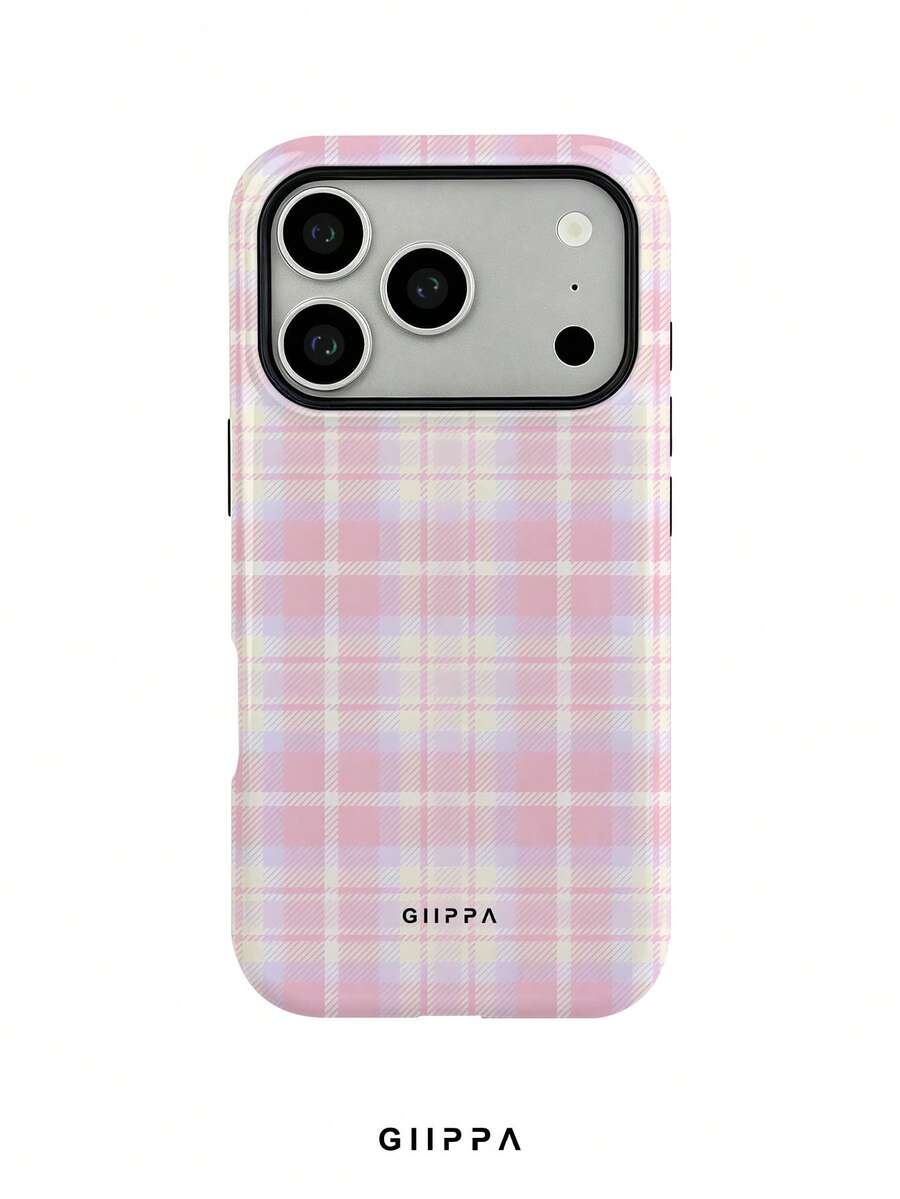GIIPPA 1pc Pink Plaid Pattern Design Phone 17 Pro Max Phone Case, Compatible With Phone 16 Pro Max, 15 Pro Max, 14 Pro Max, Korean-Style High-End Fashion Fun Phone Case, Compatible With 11/12/13/14/15/16 Pro Max Plus, Elegant Design Suitable For Men And Women, Perfect Gift For Girlfriend On Christmas, Valentine's Day, Easter, Wedding Season And Birthday! - Pink - View 1
