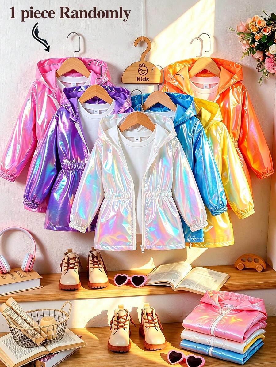 [1 Piece Randomly]Girl's Spring & Summer Laser Windproof Lightweight Jacket, Multi-Functional Cool Mid-Length Zippered Hooded Outdoor Wear - Multicolor - View 1