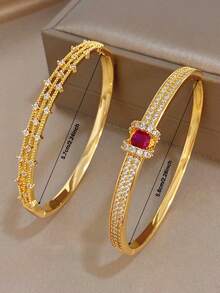 1Pc/Set 18K Gold Plated Elegant Copper Exquisite Paved Zirconia Rose Ruby Bangle Bracelet,Party,Daily,Christmas,Birthday Gift/Gala/Wedding/Halloween - Multicolor - View 2