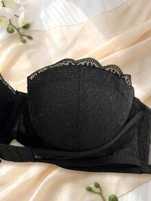 1pc Black Front Closure Lace Bandeau Bra, Push Up For Small Chest, Strapless Anti-Slip Bandage Bra With Transparent Shoulder Straps For Women - Black - View 8