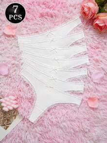 7 Pcs Ribbed Cotton Thongs Panties For Women Lace Trim Bow Decorate Soft Touch Comfy Daily Wear, White - White - View 3