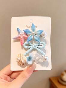 3pcs Women's Ocean Style Starfish & Shell Hair Clips, Pearl Flower Bow Side Clips, Beach Vacation Hair Accessories For Girls - Multicolor - View 5