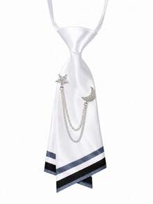 Women's Tie-Free, Pearl Chain Decorated Striped Satin Tie, School Uniform Shirt Accessory, Suitable For Daily Office Wear - White - View 18