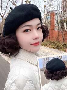 1pc Women's One-Piece Hat Wig Beret, Fashion Style, Suitable For Spring/Autumn/Winter, Brown-Black Short Curly Hair - Multicolor - View 2