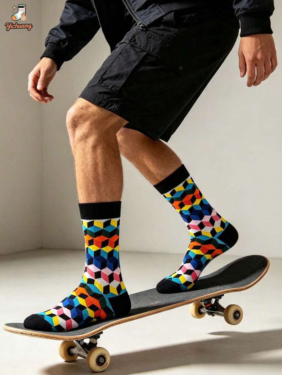 1 Pair Men's Mid-Calf Socks, Colorful Geometric Socks, European And American Street Style, Unisex, Brand Contrast Color Argyle Casual Personalized Socks - Multicolor - View 1