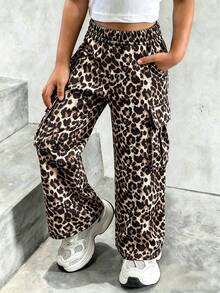 Celana Kargo Longgar Model Kaki Lebar Bermotif Leopard Gaya Gadis Jalanan, Pinggang Tinggi Elastis, Celana Panjang dengan Saku, Musim Semi/Gugur - MultiWarna - View 2
