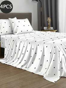 4-Piece Black And White Heart Pattern Bed Sheet Set, Includes 1 Fitted Sheet, 1 Flat Sheet And 2 Pillowcases, Pillow Inserts Not Included. Fitted Sheet Set, Available Sizes: Extra Large, Large, Standard Double, Twin. Fitted Sheet Deep Pocket Design, Fits Up To 11.8 Inch Pillowcases. Soft And Breathable, Wrinkle-Resistant - Black and White - View 2