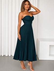 Women's Summer Solid Color Elegant Party Dress With Back Shirred Pleated Hem, Slim Fit Elastic Band Strapless Dress, Non-Stretch Elastic Bust Cup Dress - Navy Blue - View 2